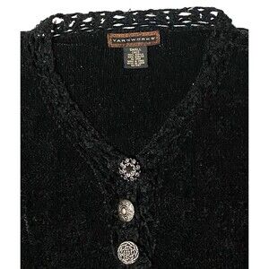Yarn Works Whimsigoth Black Chenille Lace Trim Button Up Plush Grunge Sweater S
